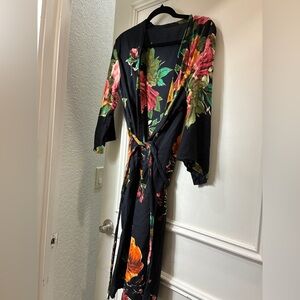 Floral cotton Kimono Robe - Black with Multicolor Blooms